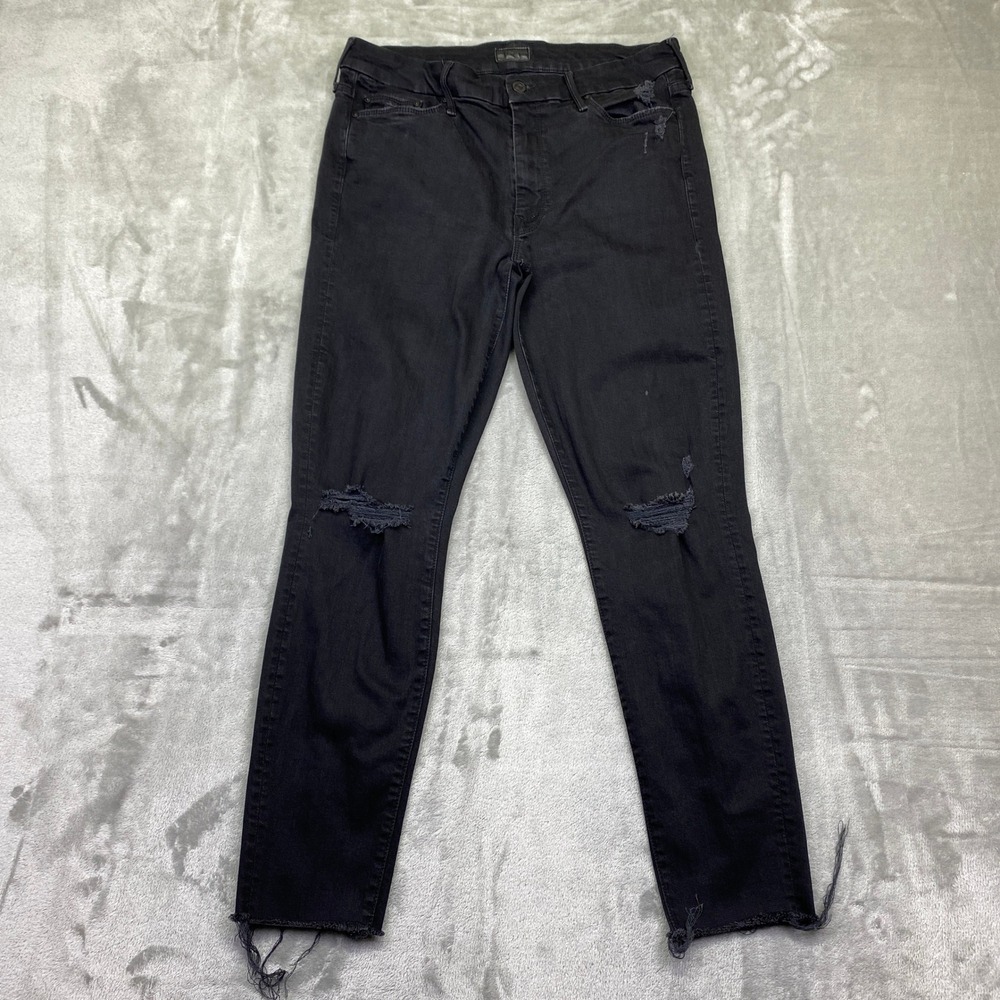 MOTHER Looker Ankle Fray Guilty as Sin Jeans Black Distressed Size‎ 31 Fits 30"